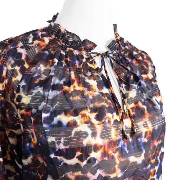 MARIE OLIVER Animal Print Metallic Stripe Short Sleeve Blouse Black Orange Small - Picture 3 of 9
